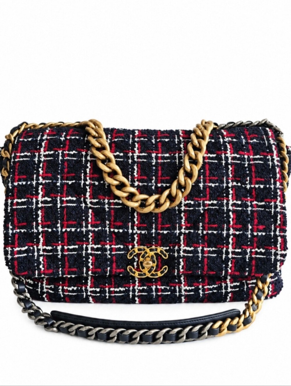 Chanel 19 Maxi Blue, Red & White Tweed Flap Bag